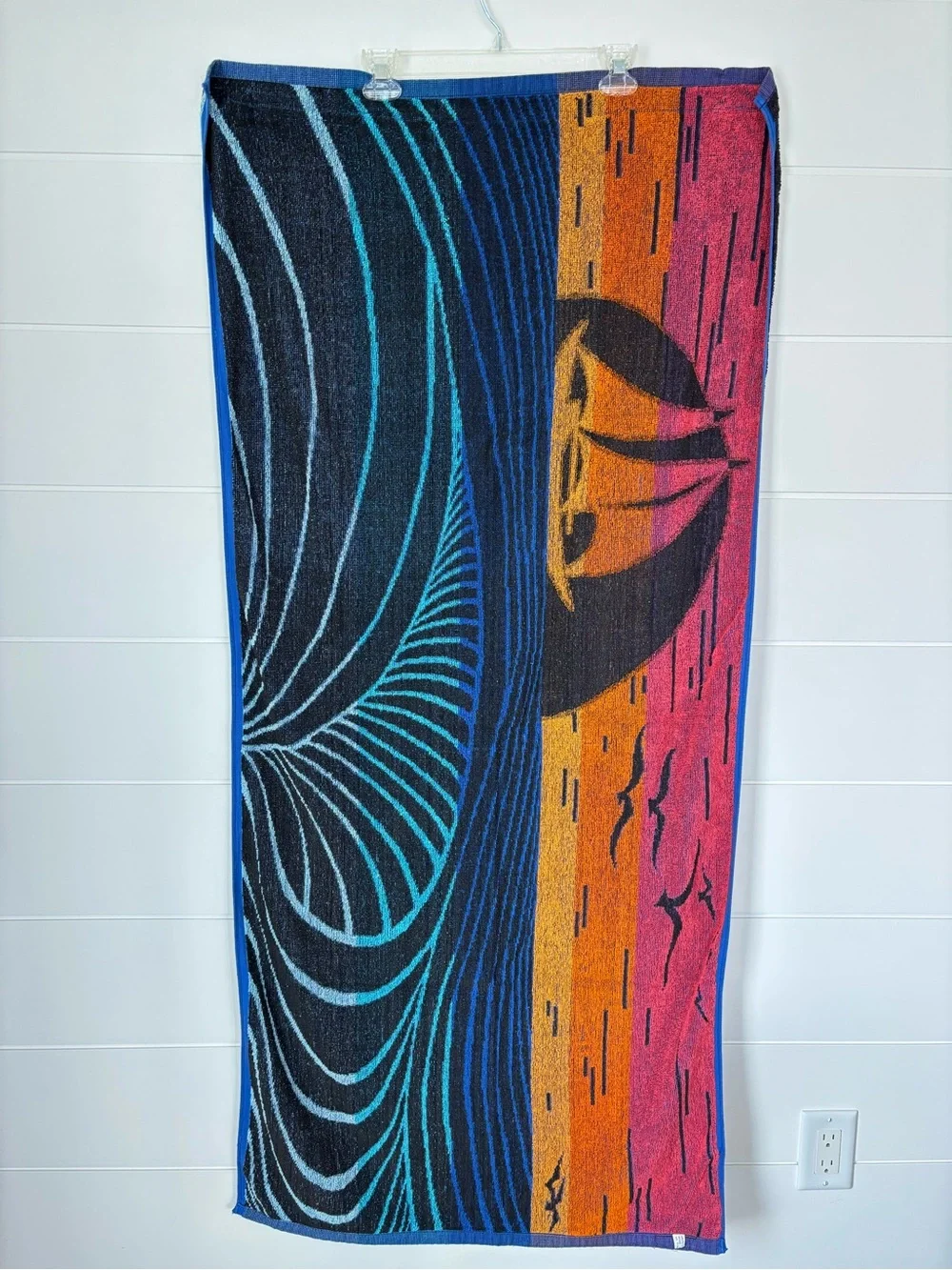 Two Vintage Reversible Woven Cotton Beach Towels with Sailboat Sunset 80s